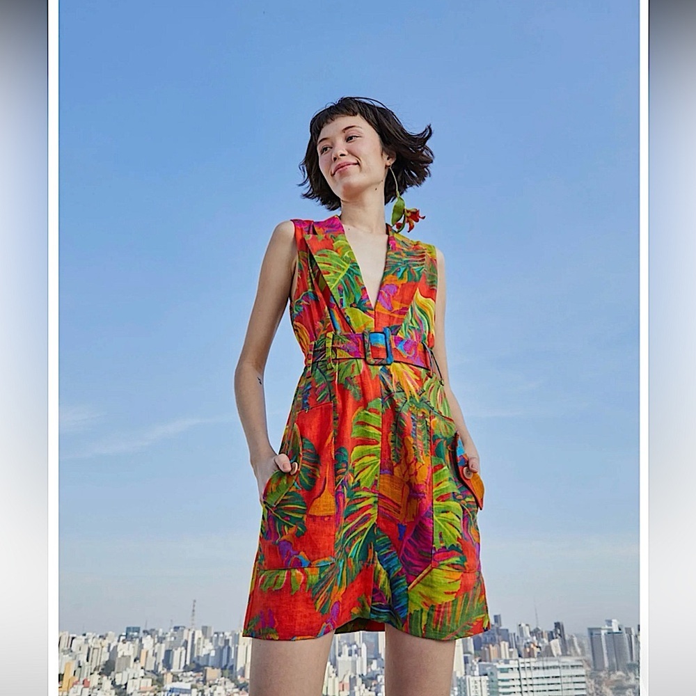 FARM Rio NWOT Urban Jungle Linen Blend Belted Minidress | Size M